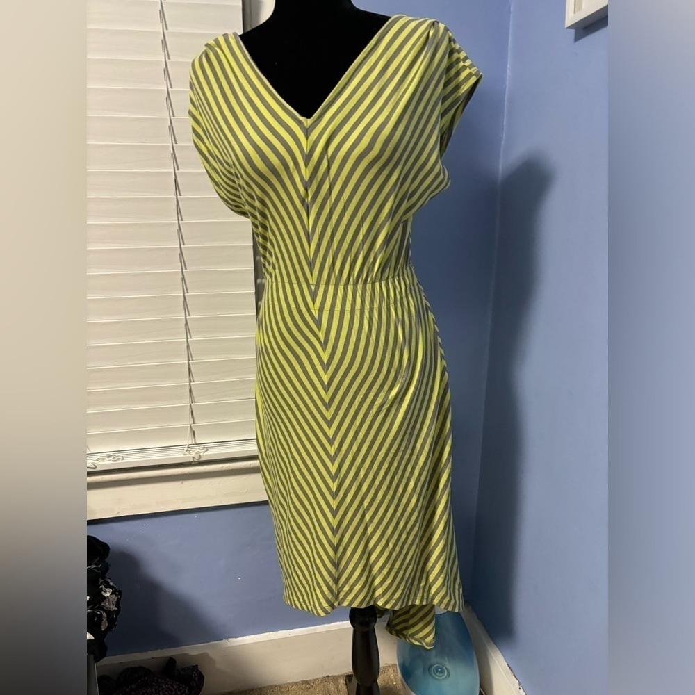 Mossimo Striped V Neckline High Low Hem Dress small green and gray stripes